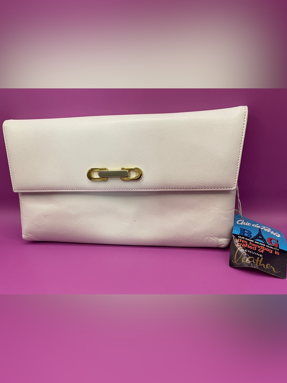 Women's White Leather Clutch with Gold Accent